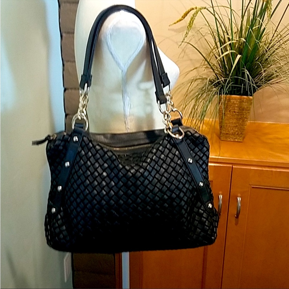 Black Basketweave Shoulder Bag  w/Silver Hardware